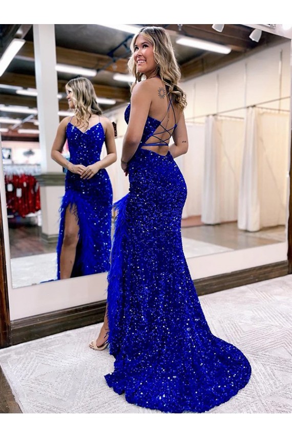 Blu Reale Tubino Scollatura a V Sweep treno Paillettes Velluto Lunga Abiti da ballo Outlet