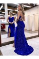 Blu Reale Tubino Scollatura a V Sweep treno Paillettes Velluto Lunga Abiti da ballo Outlet