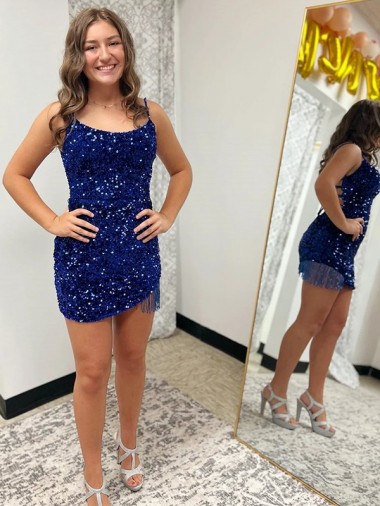 Blu Reale Tubino Sottili Corto Paillettes Velluto Corto Abiti da ballo Outlet