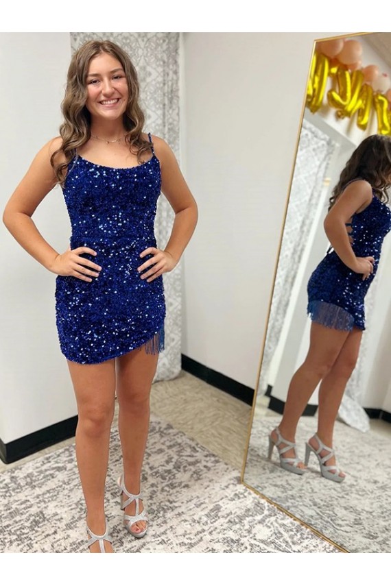 Blu Reale Tubino Sottili Corto Paillettes Velluto Corto Abiti da ballo Outlet