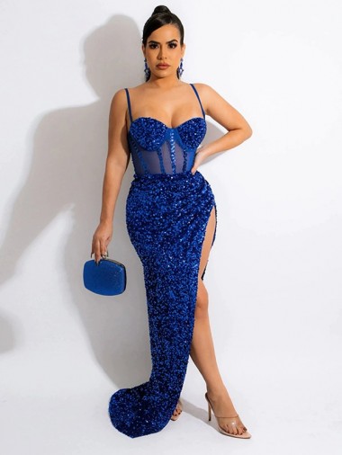 Blu Reale Tubino Sottili Sweep treno Paillettes Velluto Lunga Abiti da ballo Outlet