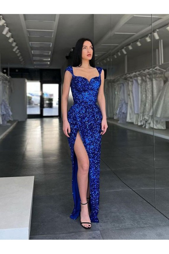 Blu Reale Tubino Sottili Sweep treno Paillettes Velluto Lunga Abiti da ballo Outlet
