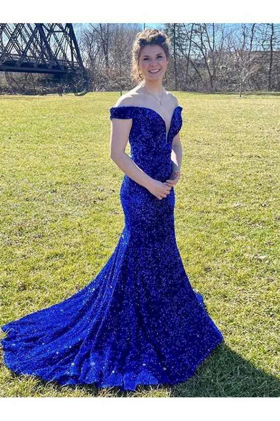 Blu Reale Tubino Sweep treno Paillettes Velluto Lunga Abiti da ballo Outlet