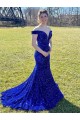 Blu Reale Tubino Sweep treno Paillettes Velluto Lunga Abiti da ballo Outlet