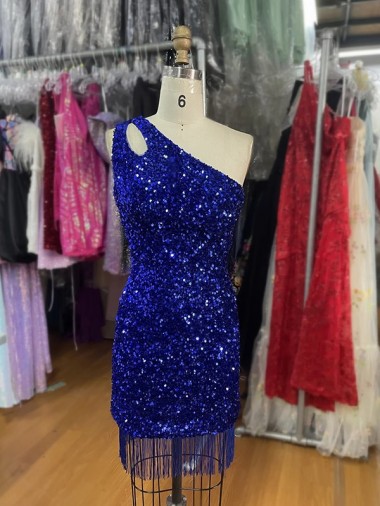 Blu Reale Tubino Una spalla Corto Paillettes Velluto Corto Abiti da ballo Outlet