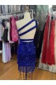 Blu Reale Tubino Una spalla Corto Paillettes Velluto Corto Abiti da ballo Outlet