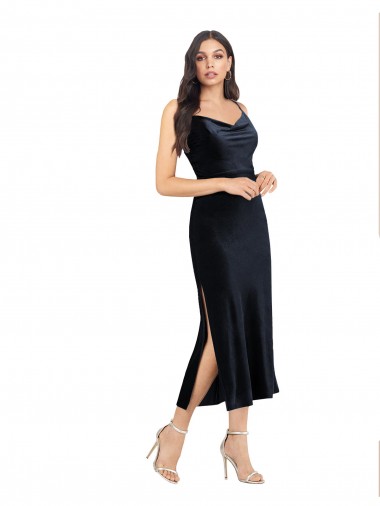 Blu marino scuro Colonna Cappuccio Midi Velluto Elastico Corto Abiti da damigella donore / Abiti da sera / Abiti da cocktail Outlet