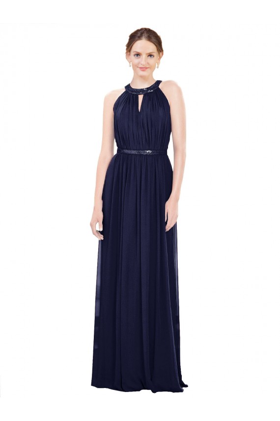 Blu marino scuro Linea A Alto Collo Chiffona Lunga Abiti da damigella donore Outlet