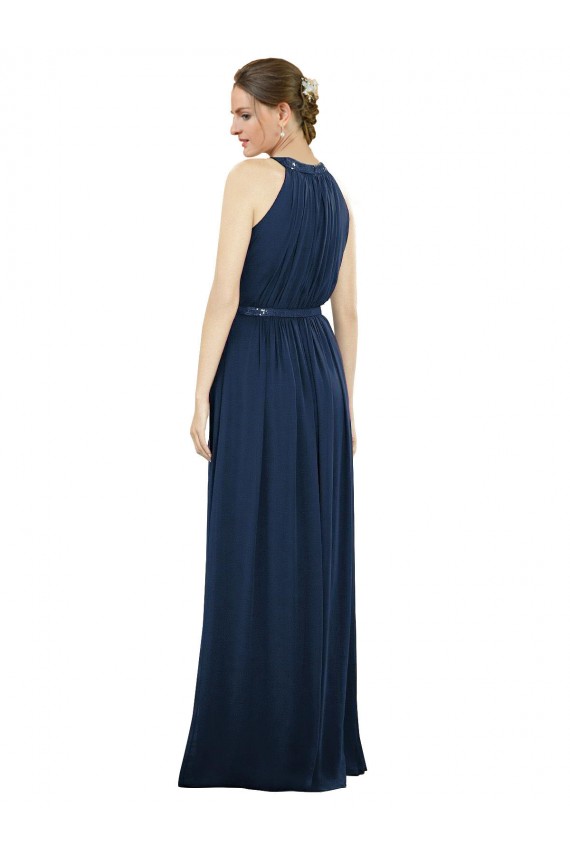 Blu marino scuro Linea A Alto Collo Chiffona Lunga Abiti da damigella donore Outlet