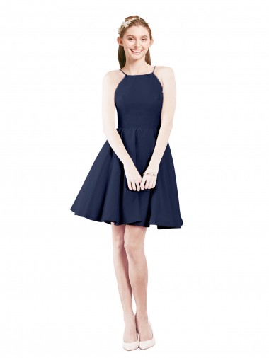 Blu marino scuro Linea A Capestro Al ginocchio Raso Corto Abiti da damigella donore / Abiti da cocktail Outlet