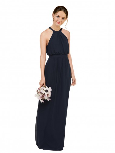 Blu marino scuro Linea A Capestro Alto Collo Chiffona Lunga Abiti da damigella donore Outlet