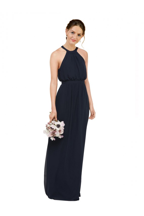 Blu marino scuro Linea A Capestro Alto Collo Chiffona Lunga Abiti da damigella donore Outlet