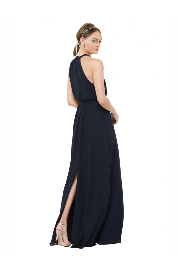 Blu marino scuro Linea A Capestro Alto Collo Chiffona Lunga Abiti da damigella donore Outlet