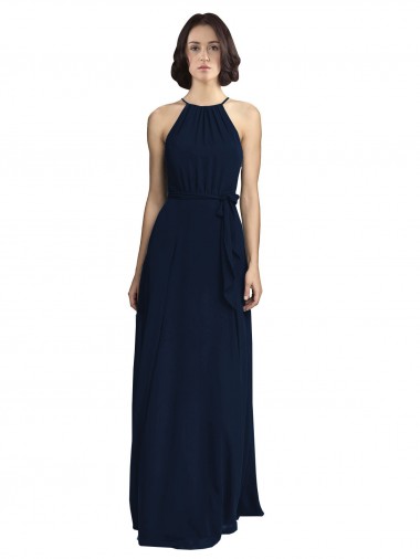 Blu marino scuro Linea A Capestro Alto Collo Chiffona Lunga Abiti da damigella donore Outlet
