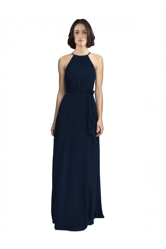 Blu marino scuro Linea A Capestro Alto Collo Chiffona Lunga Abiti da damigella donore Outlet