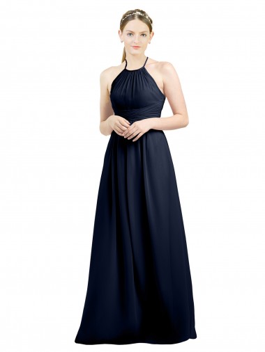 Blu marino scuro Linea A Capestro Alto Collo Chiffona Lunga Abiti da damigella donore Outlet