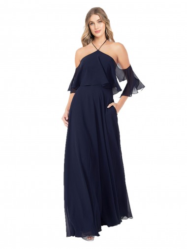 Blu marino scuro Linea A Capestro Alto Collo Chiffona Lunga Abiti da damigella donore Outlet