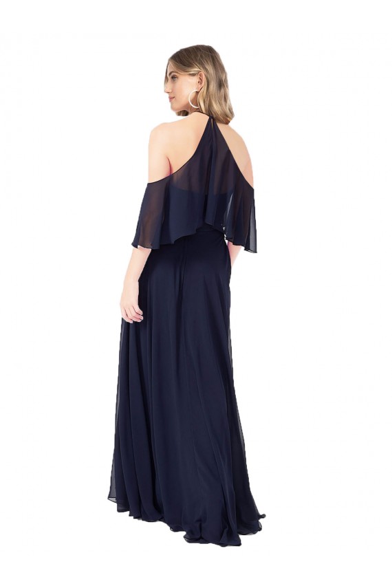Blu marino scuro Linea A Capestro Alto Collo Chiffona Lunga Abiti da damigella donore Outlet