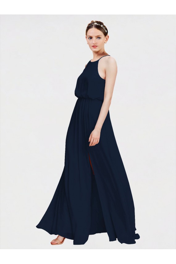 Blu marino scuro Linea A Capestro Chiffona Lunga Abiti da damigella donore Outlet