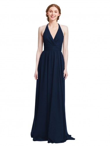 Blu marino scuro Linea A Capestro Scollatura a V Chiffona Lunga Abiti da damigella donore Outlet