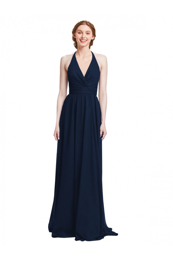 Blu marino scuro Linea A Capestro Scollatura a V Chiffona Lunga Abiti da damigella donore Outlet