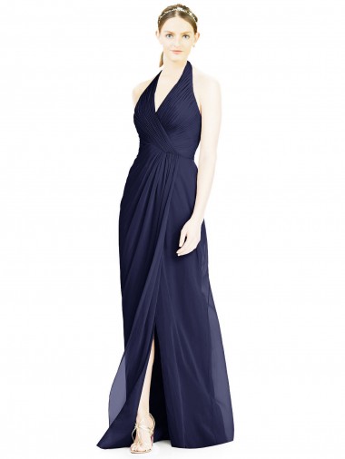 Blu marino scuro Linea A Capestro Scollatura a V Chiffona Lunga Abiti da damigella donore Outlet