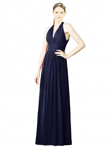 Blu marino scuro Linea A Capestro Scollatura a V Chiffona Lunga Abiti da damigella donore Outlet