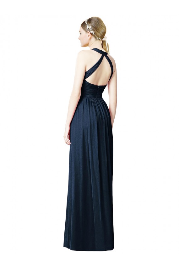 Blu marino scuro Linea A Capestro Scollatura a V Chiffona Lunga Abiti da damigella donore Outlet