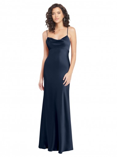 Blu marino scuro Linea A Cappuccio Raso Elastico Lunga Formali Abiti da damigella donore / Abiti da sera / Abiti da ballo Outlet