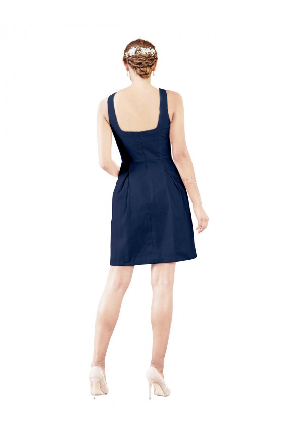 Blu marino scuro Linea A Scollatura a V Al ginocchio Raso Corto Abiti da damigella donore / Abiti da cocktail Outlet