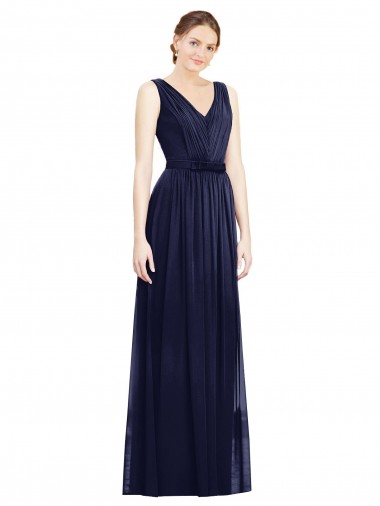 Blu marino scuro Linea A Scollatura a V Chiffona Lunga Abiti da damigella donore Outlet