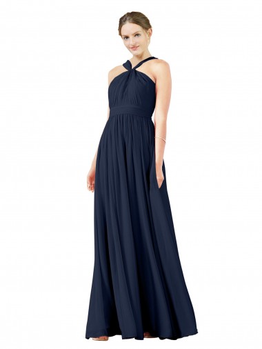 Blu marino scuro Linea A Scollatura a V Chiffona Lunga Abiti da damigella donore Outlet