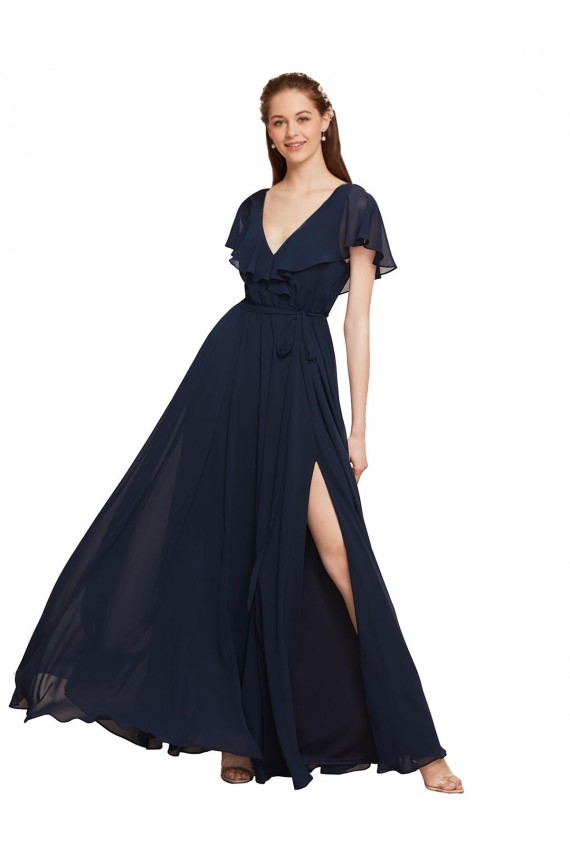 Blu marino scuro Linea A Scollatura a V Chiffona Lunga Abiti da damigella donore Outlet