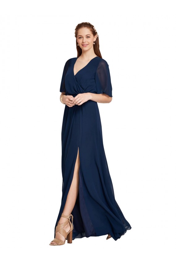 Blu marino scuro Linea A Scollatura a V Chiffona Lunga Abiti da damigella donore Outlet