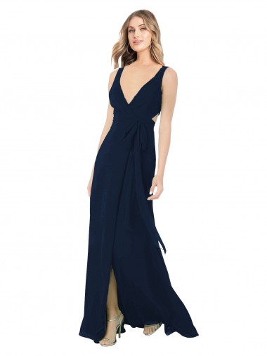 Blu marino scuro Linea A Scollatura a V Chiffona Lunga Abiti da damigella donore Outlet