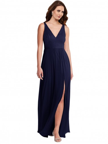 Blu marino scuro Linea A Scollatura a V Chiffona Lunga Abiti da damigella donore Outlet