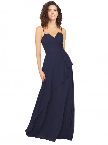 Blu marino scuro Linea A Scollatura a V Chiffona Lunga Abiti da damigella donore Outlet