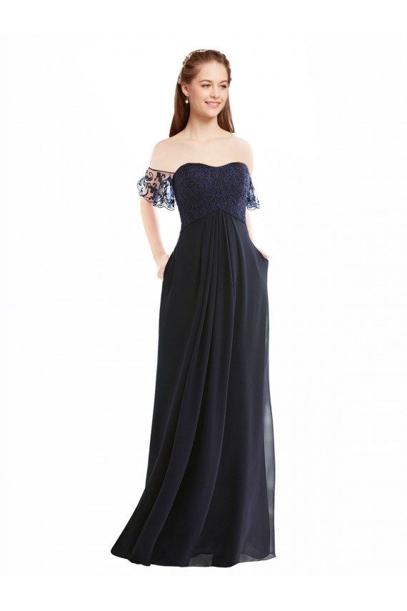 Blu marino scuro Linea A Scollatura a V Chiffona Pizzo Lunga Abiti da damigella donore Outlet