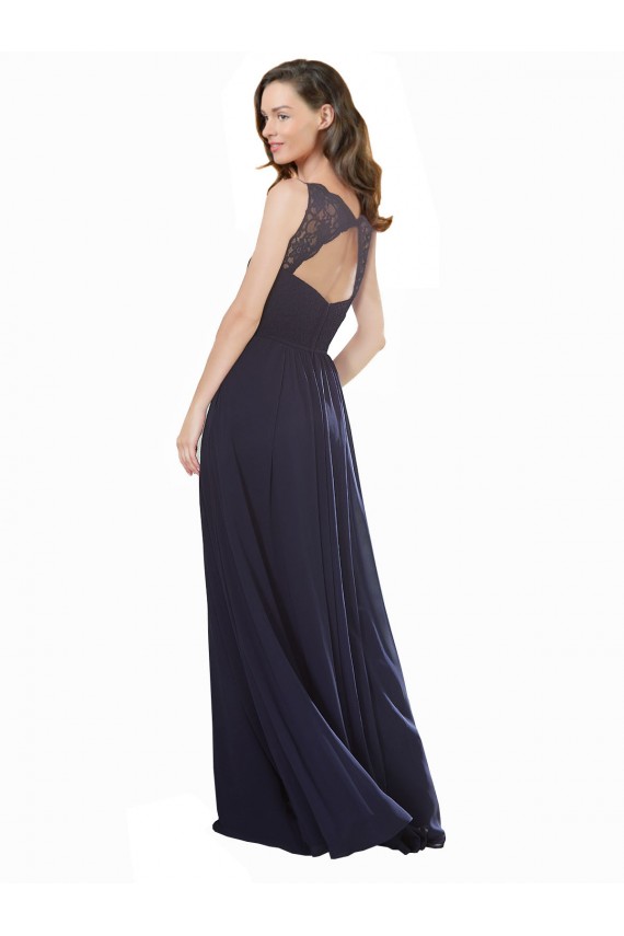Blu marino scuro Linea A Scollatura a V Chiffona Pizzo Lunga Abiti da damigella donore Outlet
