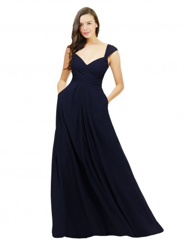 Blu marino scuro Linea A Scollatura a V Innamorato Chiffona Lunga Abiti da damigella donore Outlet