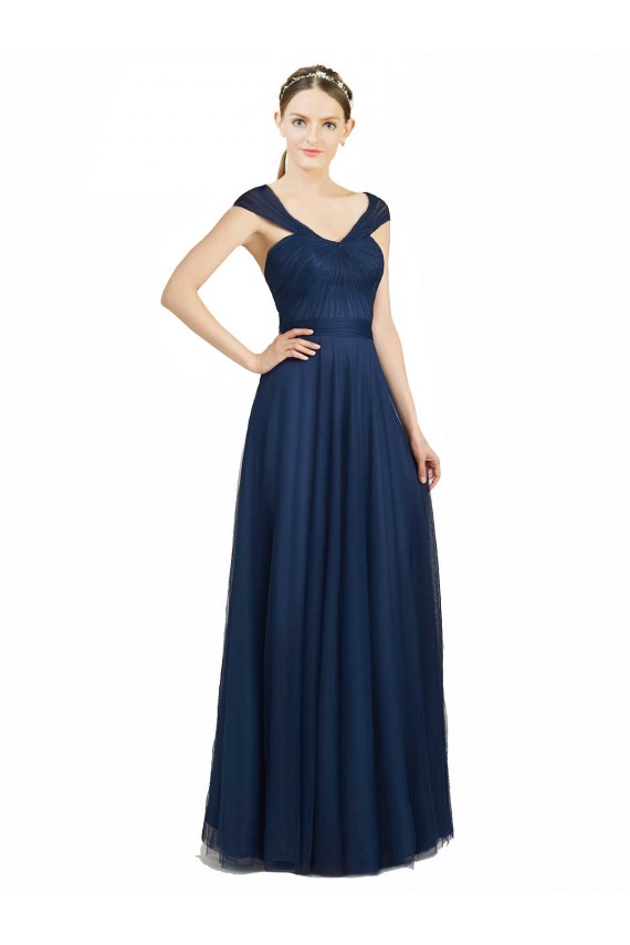 Blu marino scuro Linea A Scollatura a V Innamorato Tulle Lunga Abiti da damigella donore Outlet