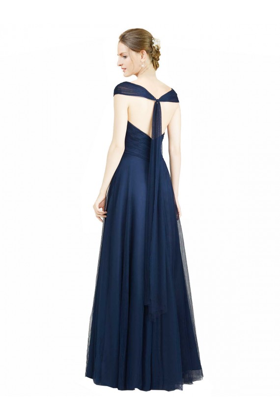 Blu marino scuro Linea A Scollatura a V Innamorato Tulle Lunga Abiti da damigella donore Outlet