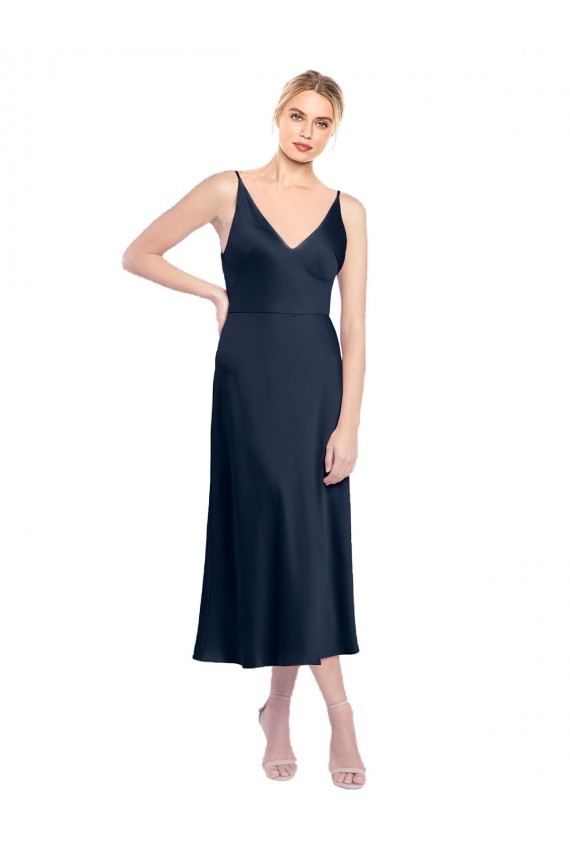 Blu marino scuro Linea A Scollatura a V Midi Raso Elastico Corto Abiti da damigella donore / Abiti da sera / Abiti da cocktail Outlet