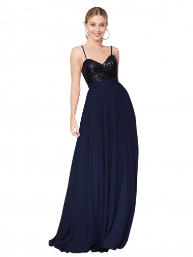 Blu marino scuro Linea A Sottili Chiffona Paillettes Lunga Abiti da damigella donore / Abiti da ballo Outlet