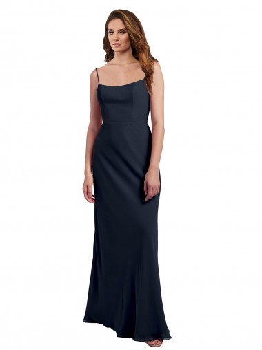 Blu marino scuro Linea A Sottili Scoop Chiffona Lunga Abiti da damigella donore Outlet