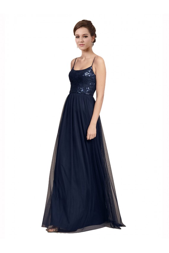 Blu marino scuro Linea A Sottili Tulle Pizzo Lunga Abiti da damigella donore Outlet