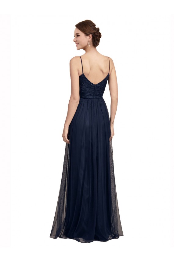 Blu marino scuro Linea A Sottili Tulle Pizzo Lunga Abiti da damigella donore Outlet