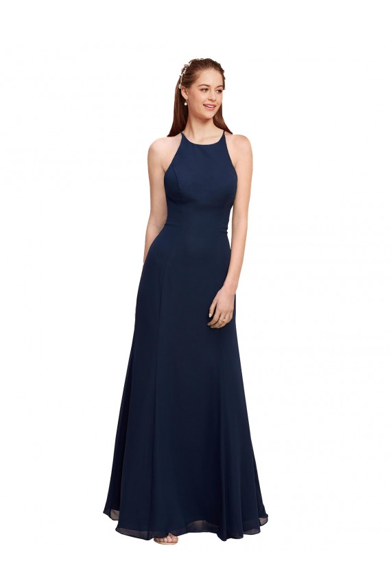 Blu marino scuro Stile sirena Capestro Alto Collo Chiffona Lunga Abiti da damigella donore / Abiti da ballo Outlet