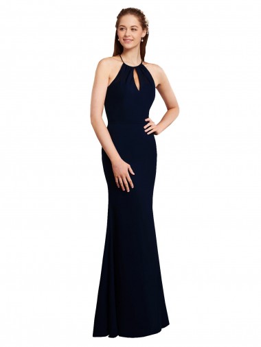 Blu marino scuro Stile sirena Capestro Chiffona Lunga Abiti da damigella donore Outlet