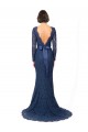 Blu marino scuro Stile sirena Collo Gioiello Sweep treno Pizzo Lunga Abiti da damigella donore Outlet